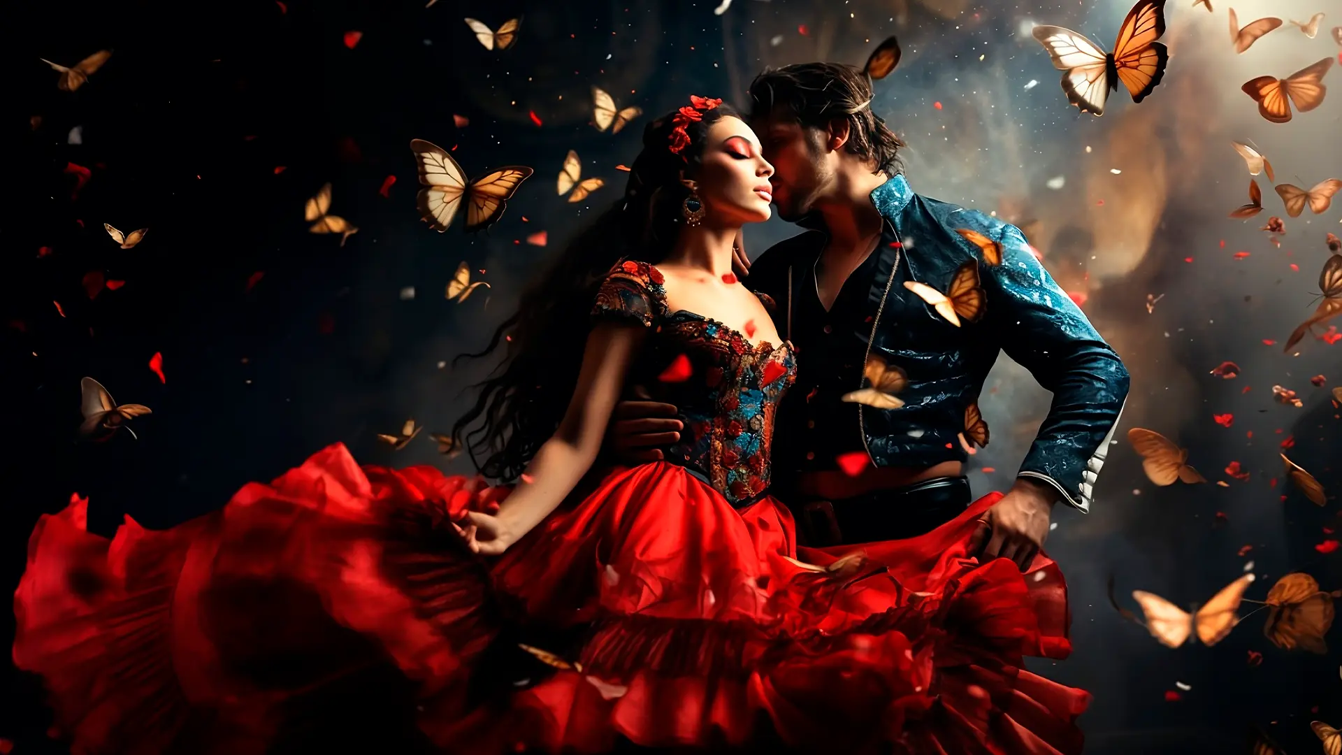 Imagen promocional de Ópera & Zarzuela Dreams con una pareja de cantantes y mariposas