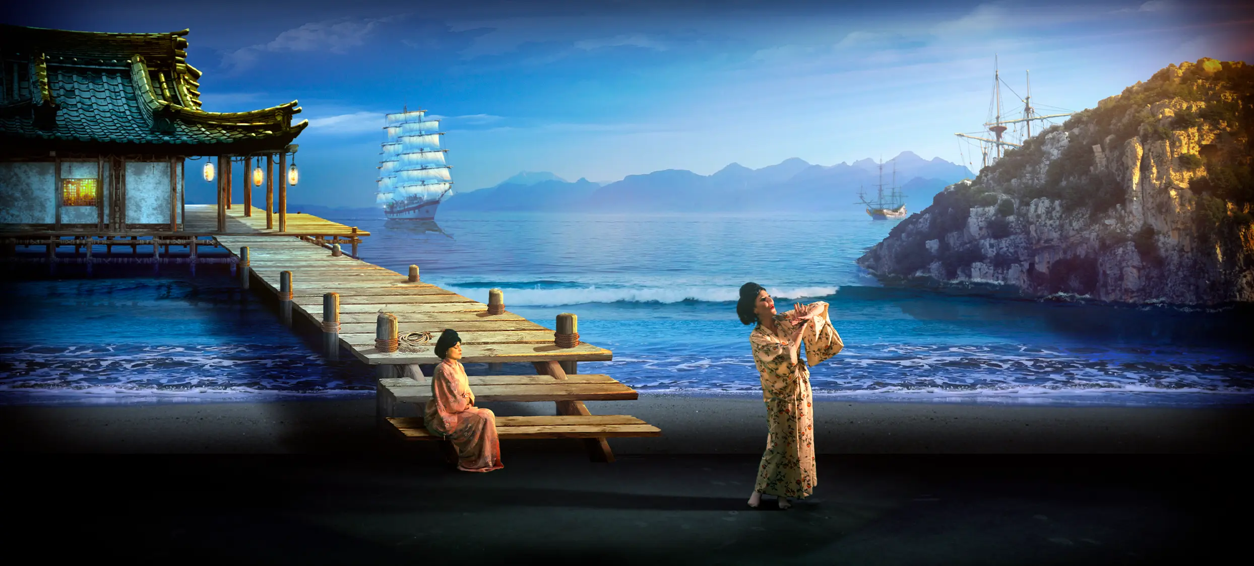 Escenografía de Ópera & Zarzuela Dreams con un velero y un muelle proyectados en la pantalla LED del escenario