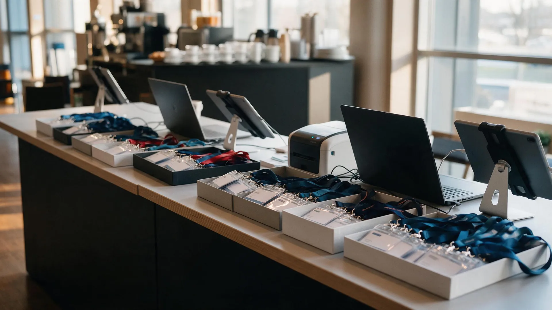 Mostrador de acreditaciones de un congreso de empresa con identificadores y cintas preparados en cajas, portátiles, tabletas y una impresora de credenciales, con la zona de café al fondo