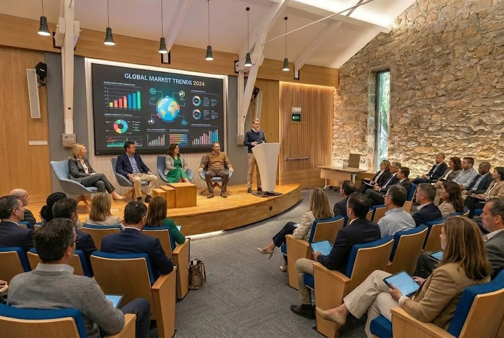 Ponencia en un auditorio de Campus Puente Nuevo con público y gran pantalla