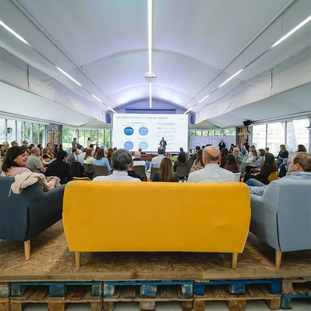 Interior de la Casa de Cristal de Campus Puente Nuevo preparada para un plenario