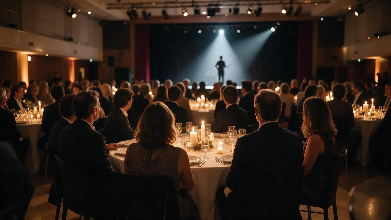 Cena de gala de empresa con mesas redondas iluminadas con velas y un artista en el escenario