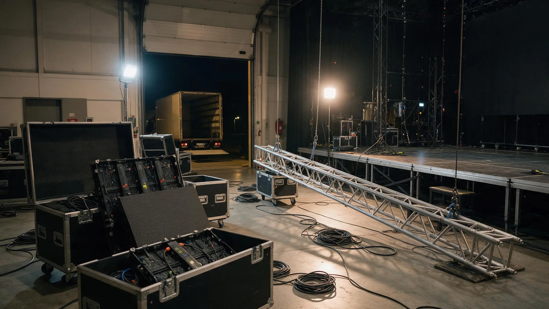 Desmontaje tras un evento de empresa: paneles LED guardados en flight cases, cables recogidos, truss bajado al suelo y camión esperando en el portón de carga