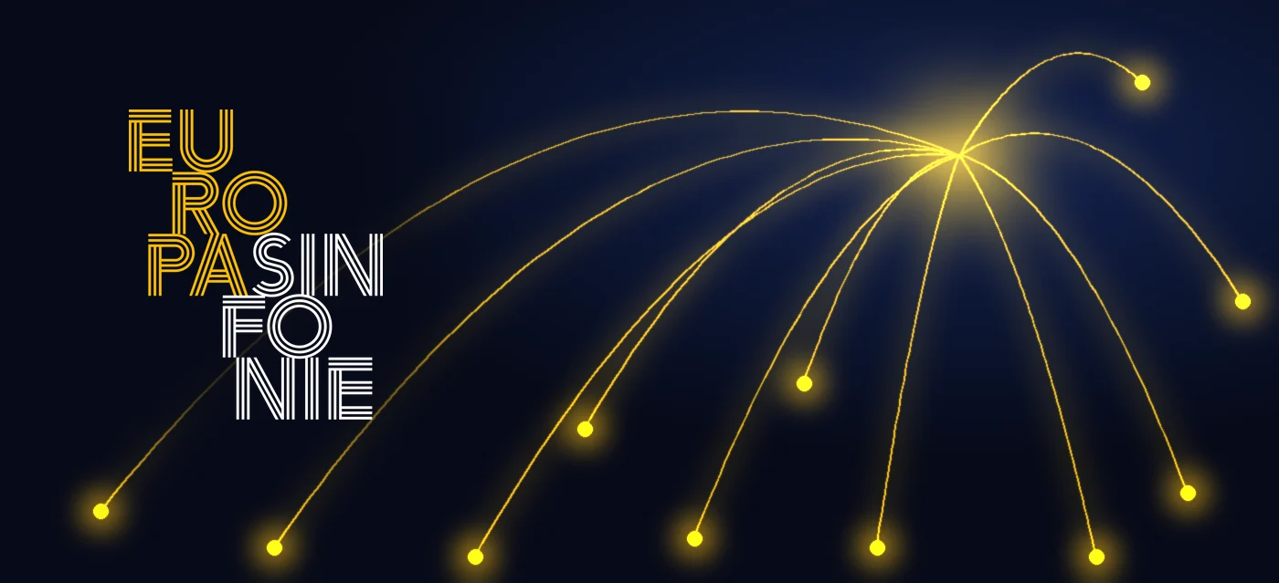 Logotipo de Europasinfonie sobre líneas de luz dorada que unen varios puntos