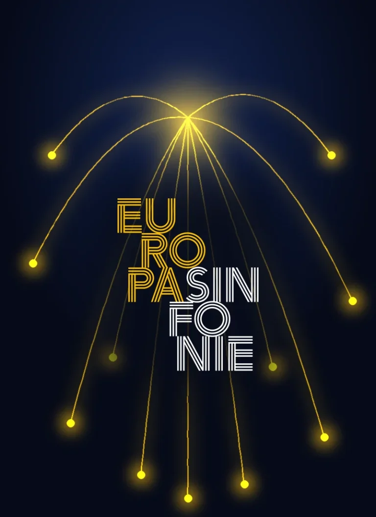 Logotipo de Europasinfonie sobre líneas de luz dorada que unen varios puntos