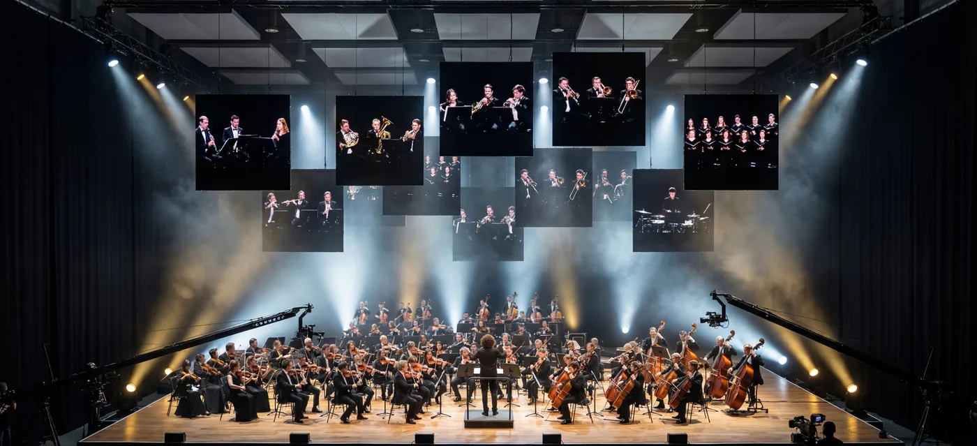 Render del escenario de Europasinfonie: una orquesta sinfónica toca en directo y, sobre ella, varias pantallas muestran a los grupos de músicos que tocan desde otras ciudades