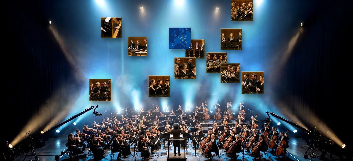 Render de Europasinfonie con la orquesta en el escenario, cámaras de grúa a los lados y una nube de pantallas con músicos de otros países tocando en directo
