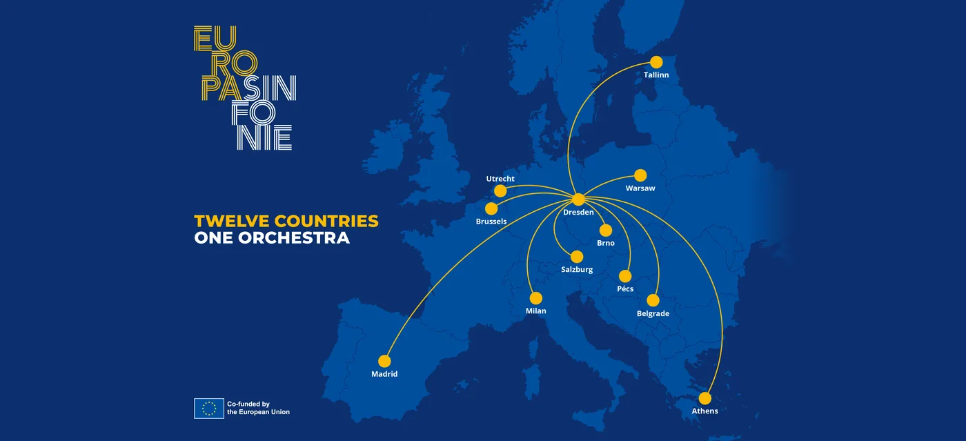Mapa de Europa de Europasinfonie sobre fondo azul con las ciudades participantes, entre ellas Madrid, unidas por líneas doradas