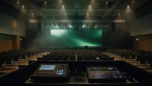 Control técnico con mesa de luces y mesa de sonido al fondo de una sala de eventos vacía, con escenario, pantalla LED y truss de iluminación preparados para el ensayo