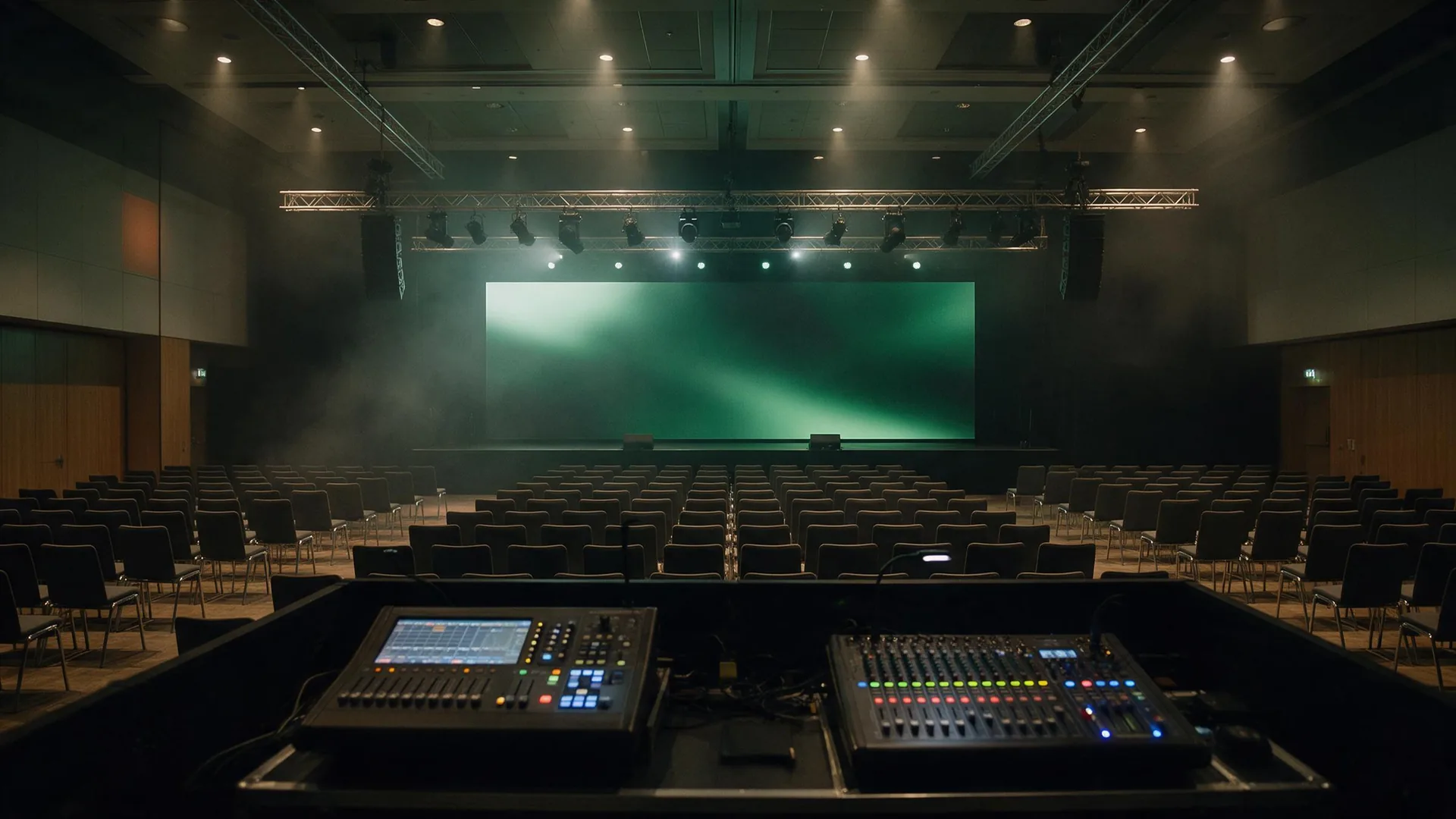 Control técnico con mesa de luces y mesa de sonido al fondo de una sala de eventos vacía, con escenario, pantalla LED y truss de iluminación preparados para el ensayo