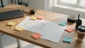Mesa de madera vista desde arriba con el plano técnico de un escenario, una escaleta, notas adhesivas de colores, portátil cerrado, cinta métrica, cinta americana, walkie-talkie y café, con luz natural de mañana