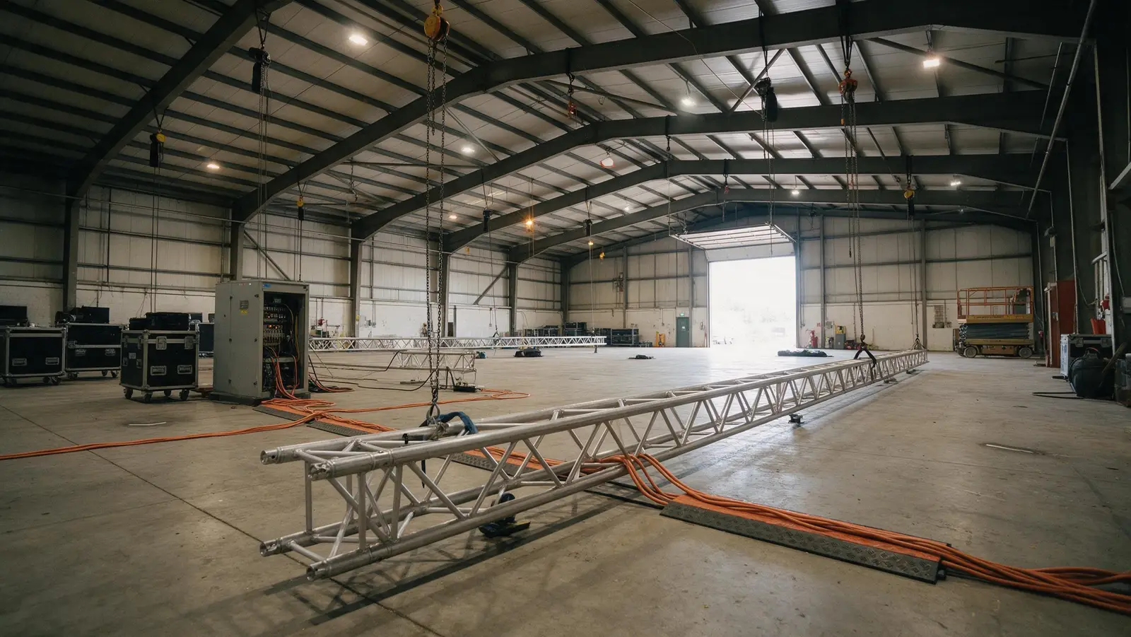 Montaje en una nave industrial vacía: truss en el suelo, motores colgados, cuadro eléctrico con cables y flight cases junto al portón de carga
