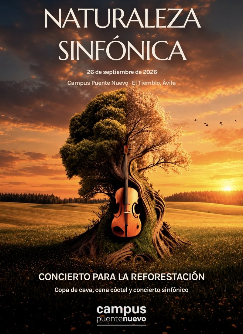Cartel de Naturaleza Sinfónica: un árbol con un violonchelo en una pradera al atardecer, con el título y el logo de Campus Puente Nuevo