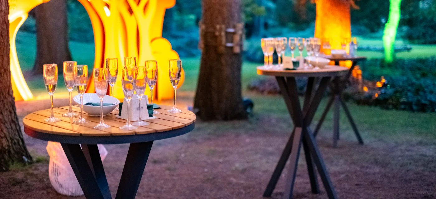Mesas altas con copas de cava entre árboles iluminados en Naturaleza Sinfónica