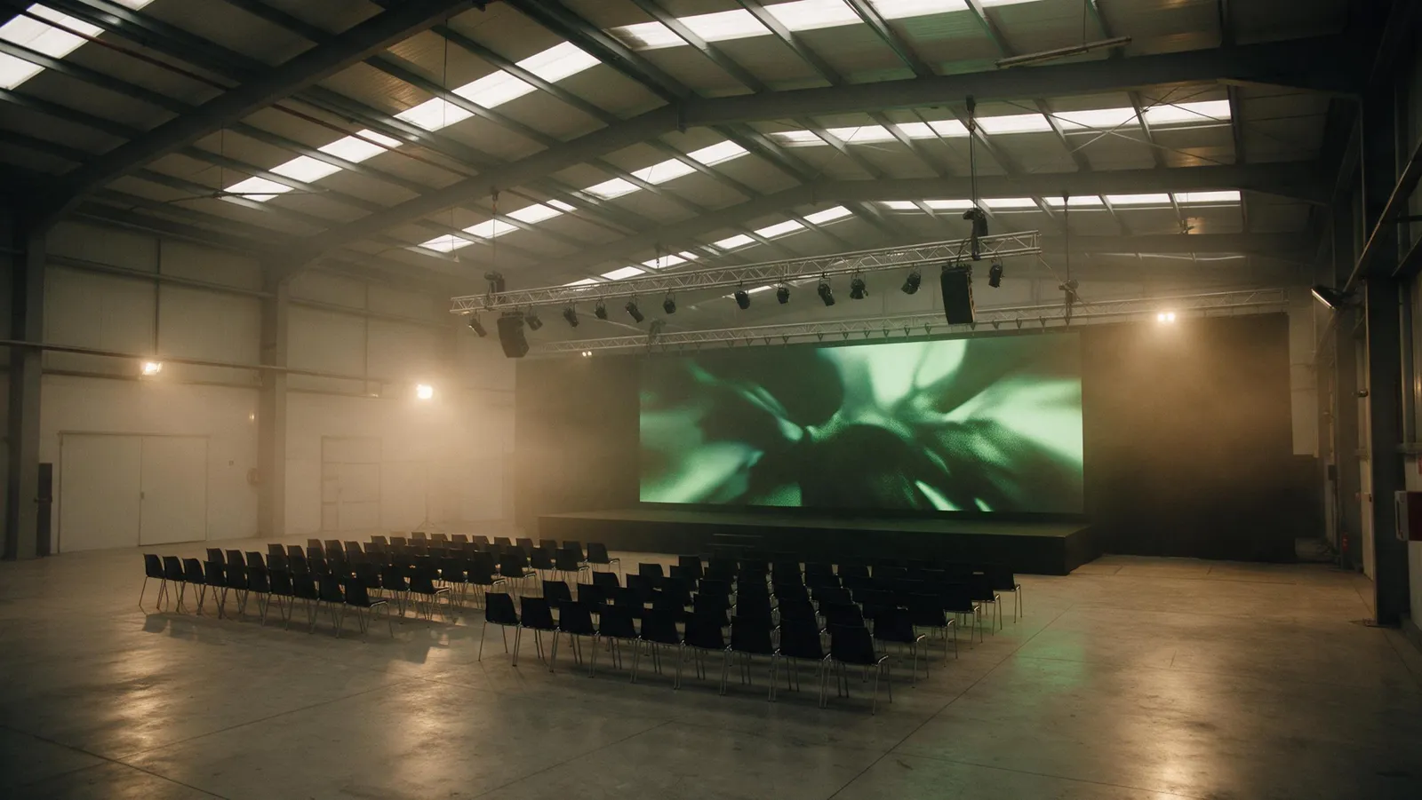 Nave industrial preparada para un evento de empresa, con escenario, pantalla LED, truss de iluminación y filas de sillas vacías