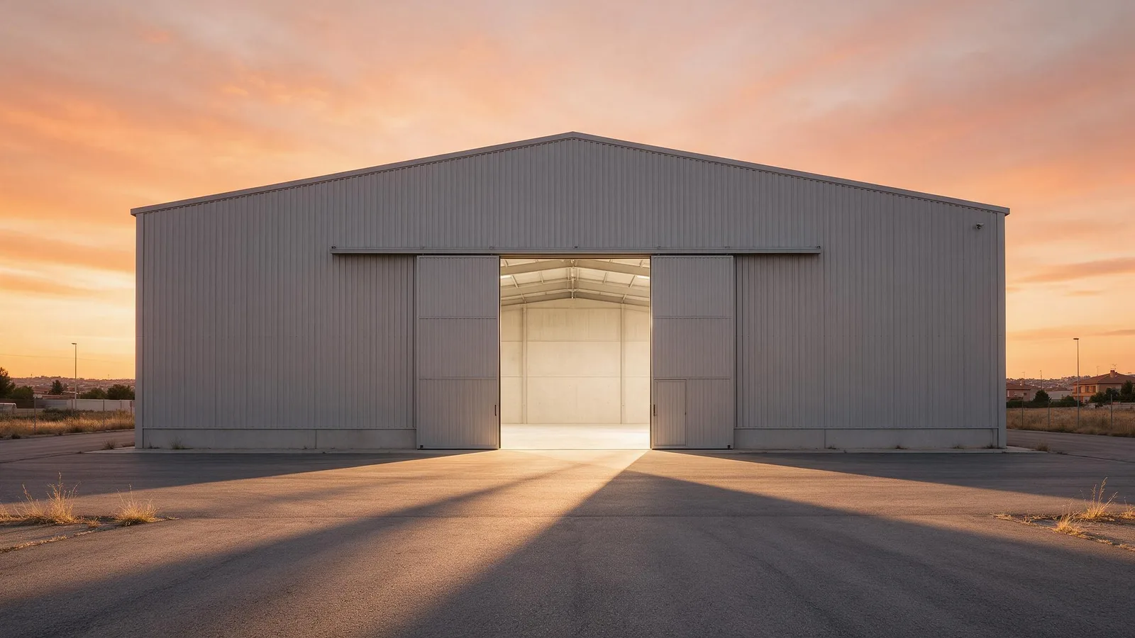 Nave industrial vacía vista desde fuera al atardecer, con el gran portón de carga abierto que deja ver el interior diáfano e iluminado y el cielo anaranjado