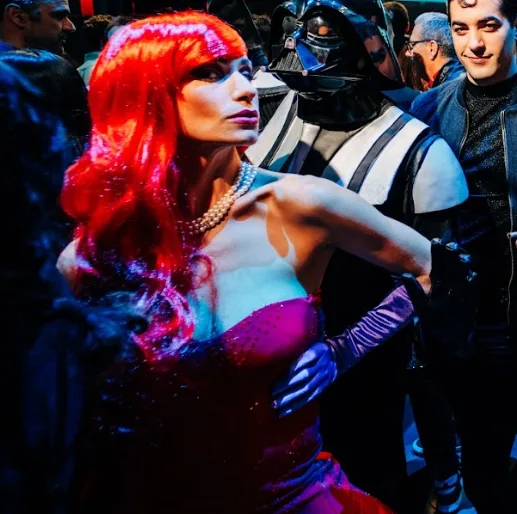 Actriz con peluca roja y guantes morados caracterizada como personaje de película