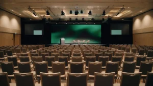 Sala plenaria vacía preparada para un congreso de empresa, con filas de sillas, atril y mesa de ponentes sobre el escenario, pantalla LED central, pantallas laterales y truss de iluminación