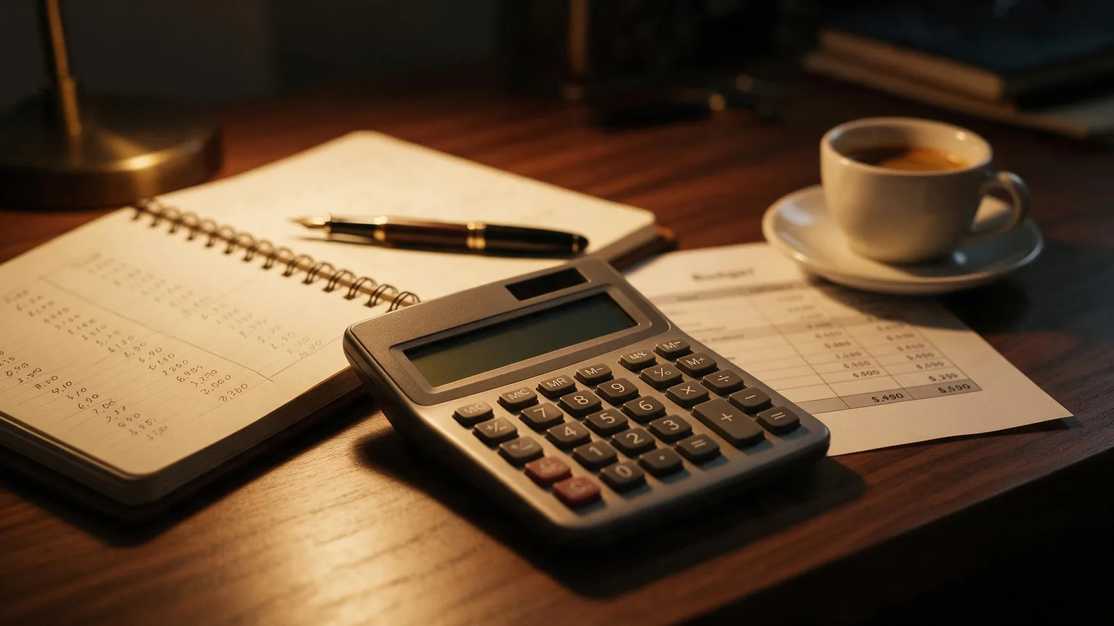 Calculadora, cuaderno con cifras anotadas a mano y pluma sobre un escritorio de madera con luz cálida de tarde, preparando el presupuesto de un evento corporativo
