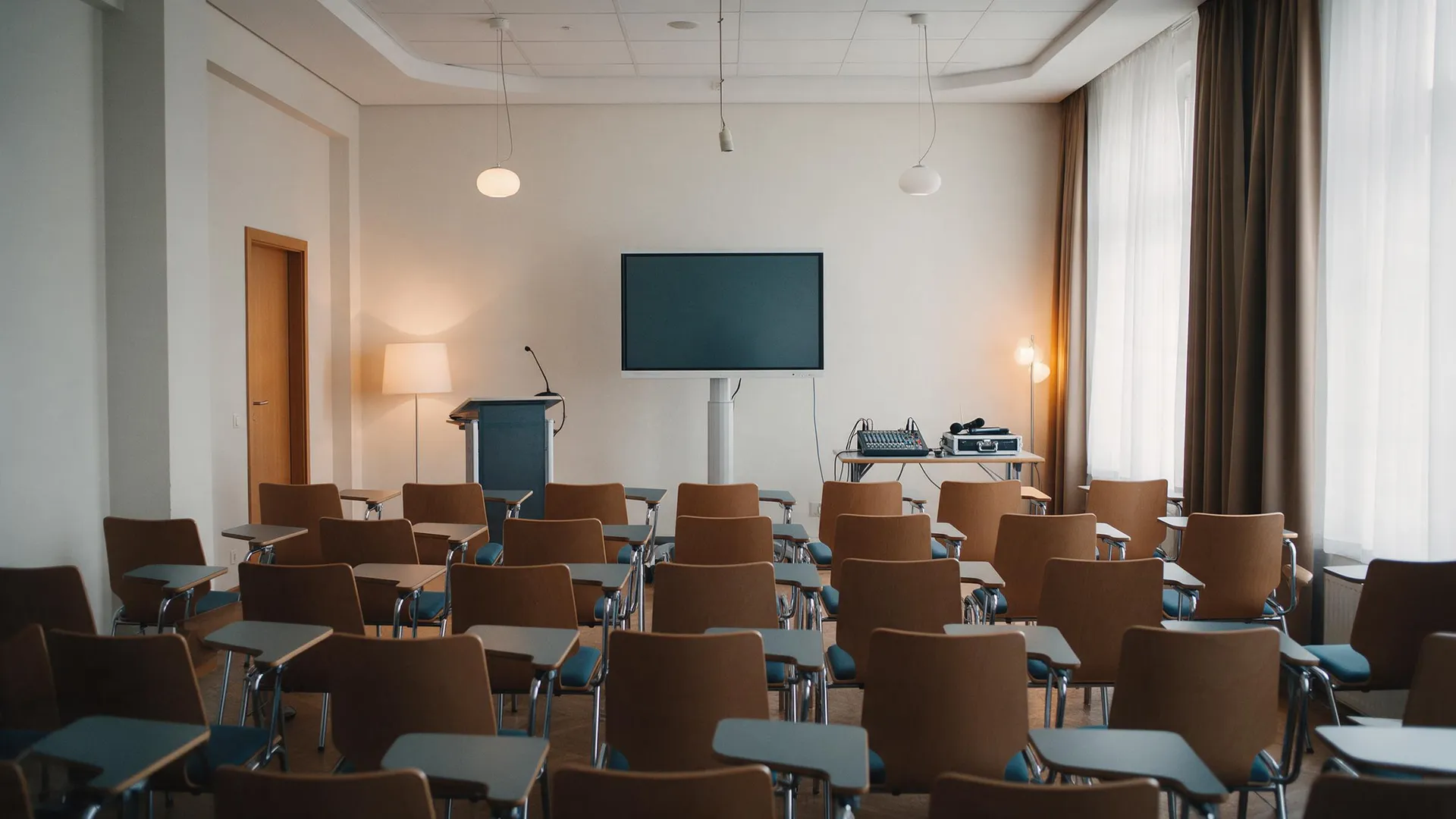 Sala paralela vacía de un congreso de empresa, con sillas de pala, atril con micrófono, pantalla sobre pie y una pequeña mesa de sonido con micrófonos inalámbricos