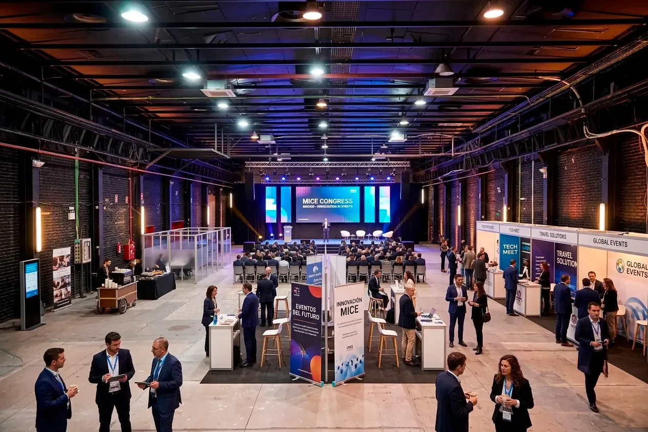 Evento corporativo con escenario, pantallas y stands dentro de una nave