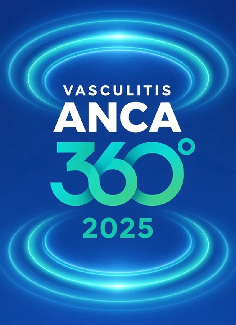 Cartel vertical del encuentro médico Vasculitis ANCA 360 de 2025 con círculos de luz sobre fondo azul